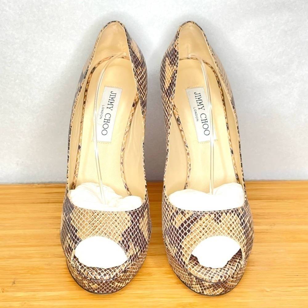 Jimmy Choo Dhalia stilletos 120mm black beige Python skin platform pumps EU38.5